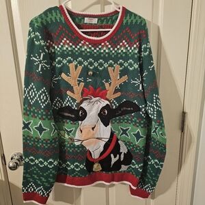 Holiday Time Ugly Christmas Sweater COW with Antlers & 3D Bell Green Red Size S